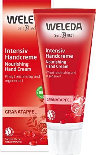 WELEDA Bio Intensiv Handcreme Granatapfel - Naturkosmetik Handpflege Creme beugt Pigmentflecken vor, Nachhaltige Feuchtigkeitscreme mit Sheabutter & Orange-Vanille Duft für trockene Hände (1x 50ml) im Sale
